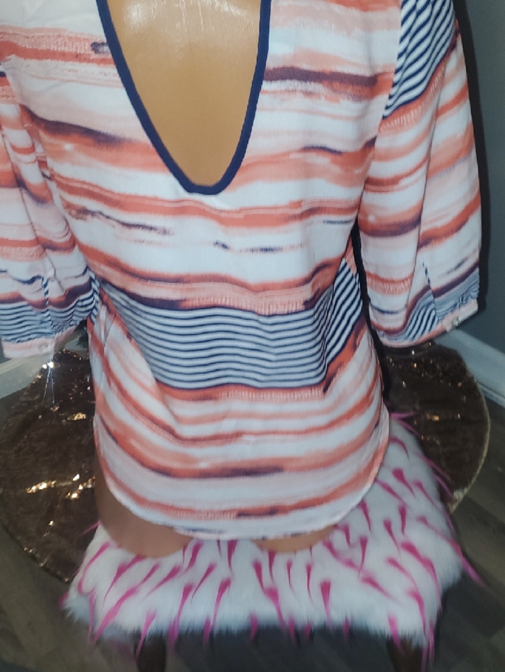 Iz Byer Striped V-Neck Blouse in Coral, Navy & White - Picture 5 of 7